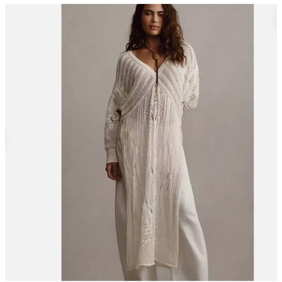 Anthropologie Open-Stitch Side-Slit Tunic Sweater Dress Duster Ivory M - Picture 2 of 11